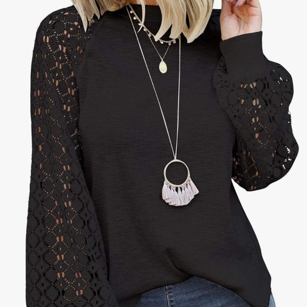 Lace Sleeve Waffle Knit Shirt